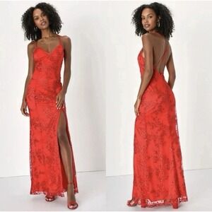 Lulus M Maxi Dress Backless Slip Embroidered Blissful Blossoms Red Wedding Guest